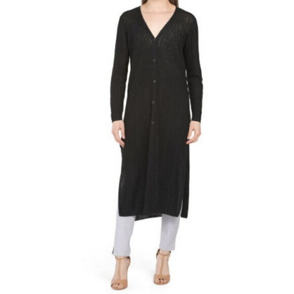 💕SKULL CASHMERE💕 Allison Long Slub Linen Ribbed Duster Cardigan ~ Black XS NWT - Picture 5 of 15